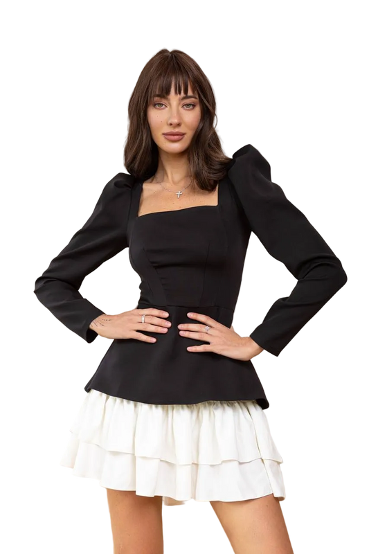 Black and White Peplum Dress Square Neck Puff Sleeve Tiered Ruffle Skirt Diagonal Crepe