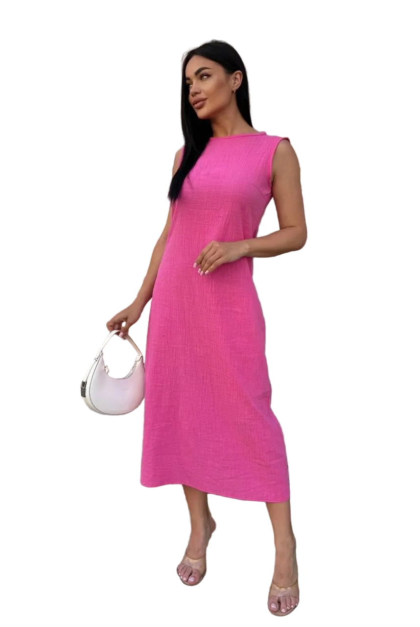 Pink Linen Midi Dress Sleeveless Summer Dress for Women