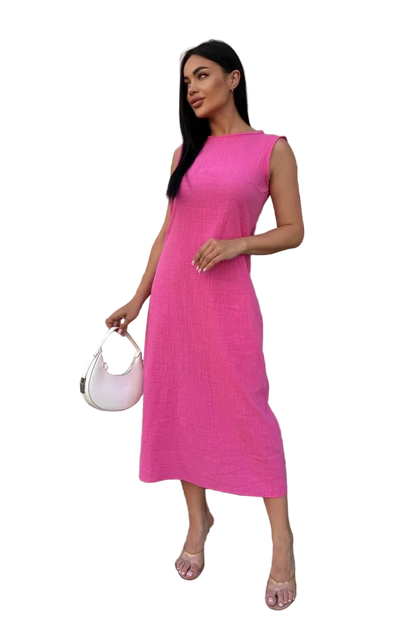 Pink Linen Midi Dress Sleeveless Summer Dress for Women