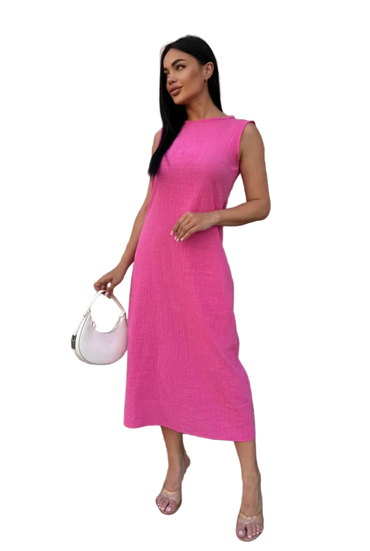 Pink Linen Midi Dress Sleeveless Summer Dress for Women