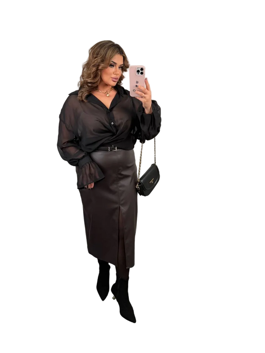 High Waist Matte Eco Leather Pencil Skirt Front Slit