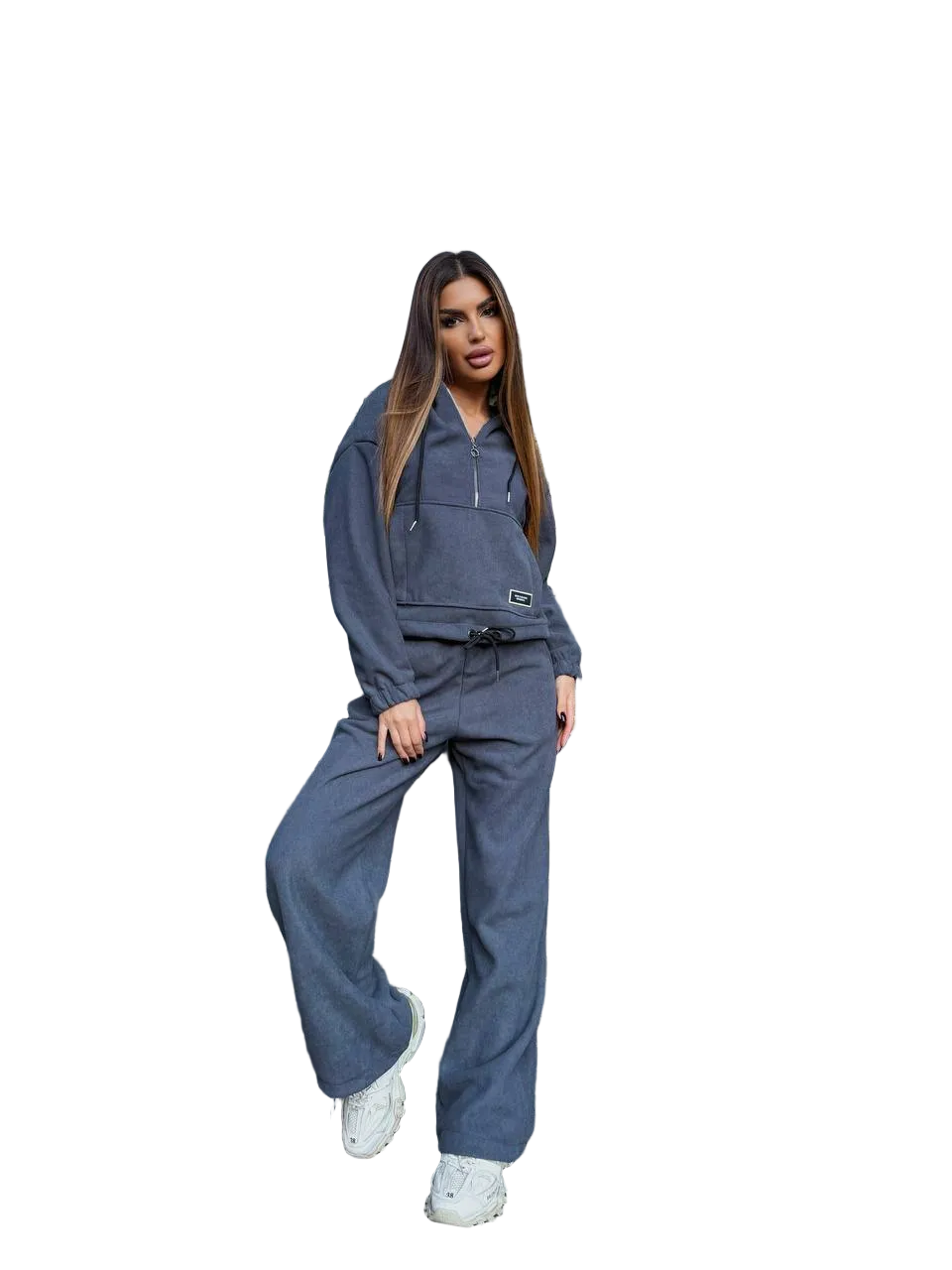 Women Charcoal Micro Corduroy Tracksuit Fleece Lined Zip Hoodie Wide Leg Joggers