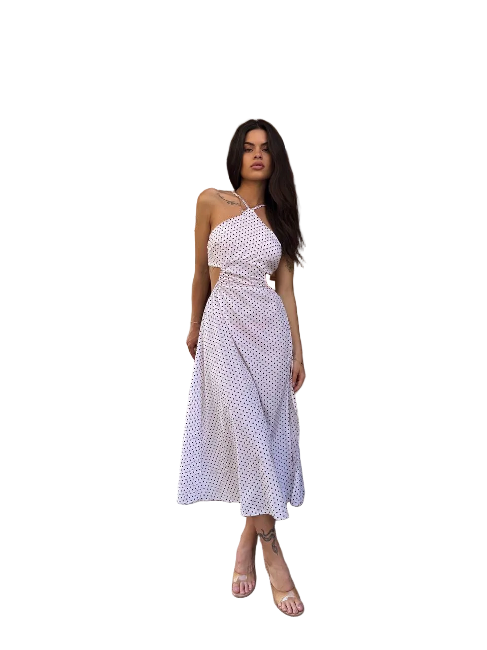 White Polka Dot Midi Dress Halter Cutout Waist Elegant Summer Dress