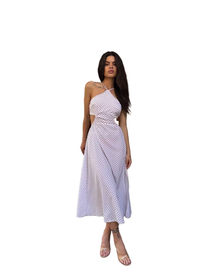 White Polka Dot Midi Dress Halter Cutout Waist Elegant Summer Dress