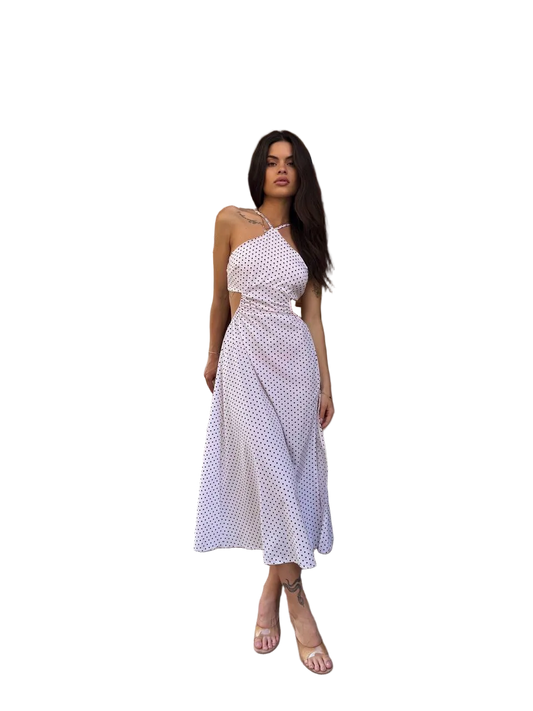 White Polka Dot Midi Dress Halter Cutout Waist Elegant Summer Dress