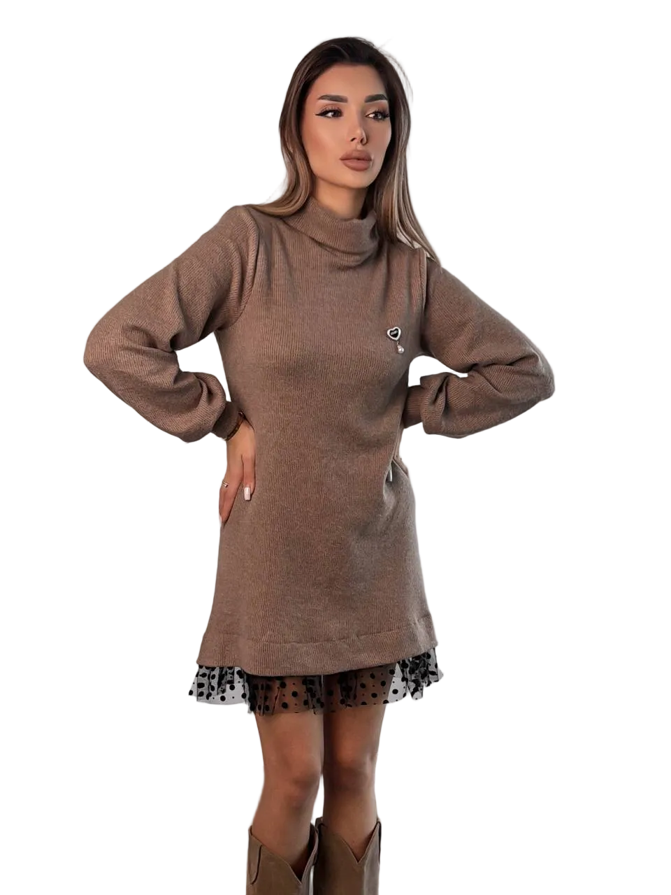 Brown Angora Rib Knit Sweater Dress with Tulle Hem