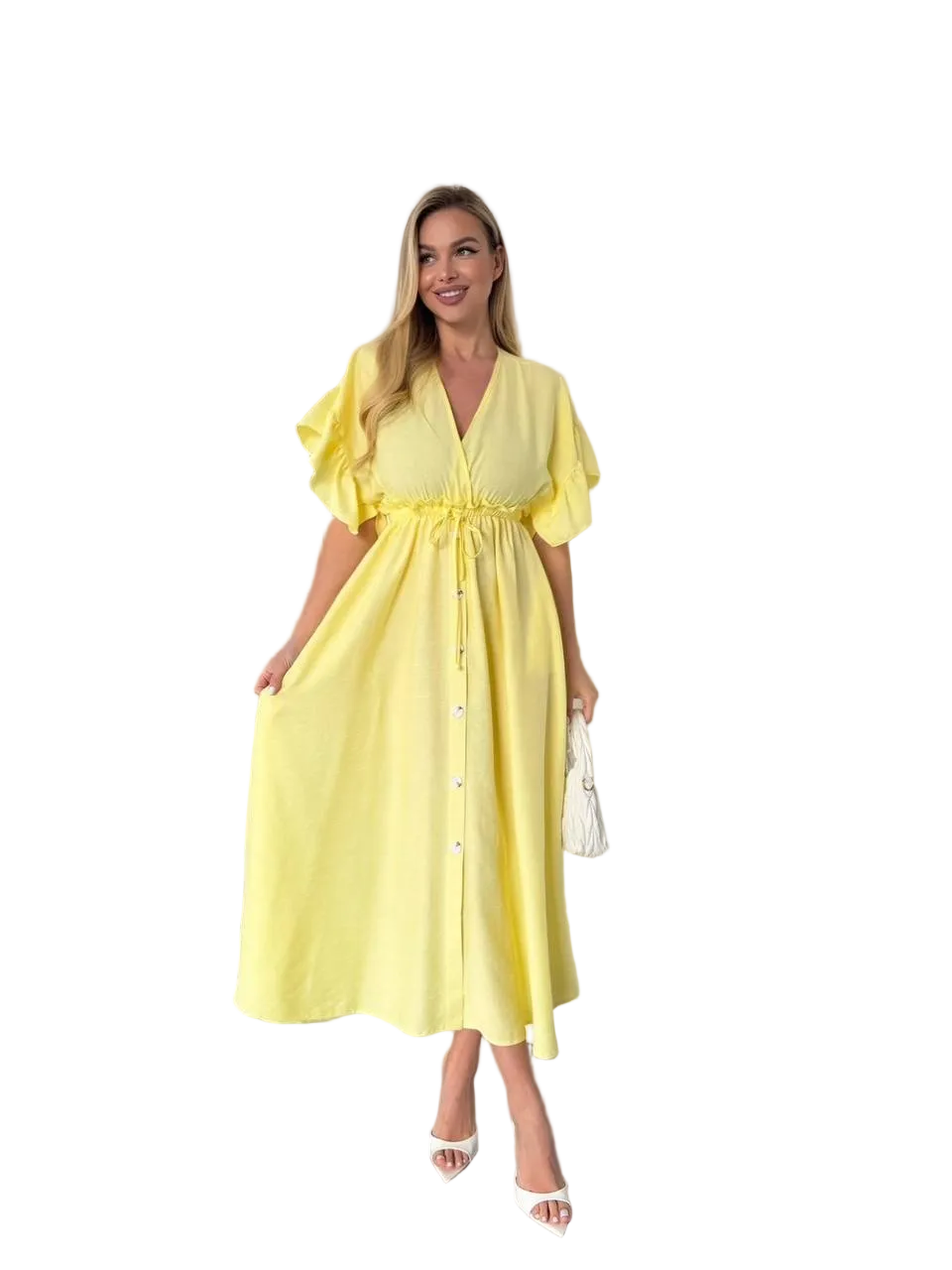 Yellow Boho Linen Button Front Midi Dress With Pockets Drawstring Waist