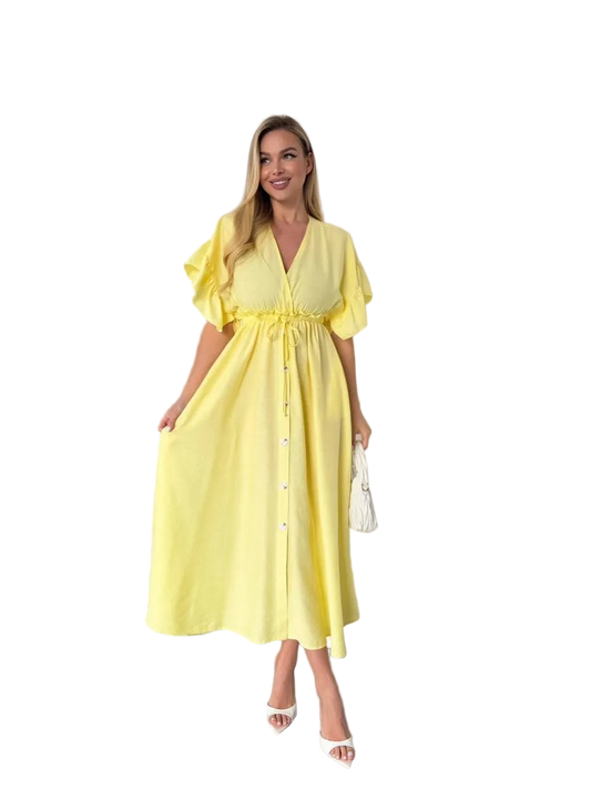 Yellow Boho Linen Button Front Midi Dress With Pockets Drawstring Waist