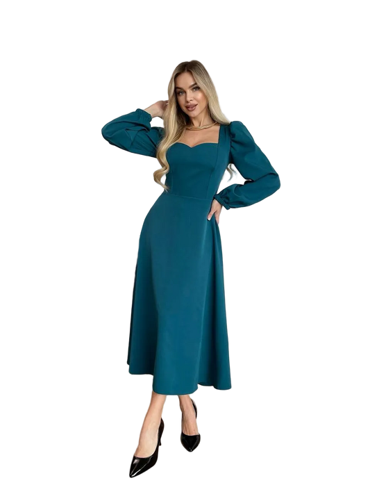 Teal Midi Dress with Sweetheart Neckline and Puff Sleeves Elegant Evening Dress