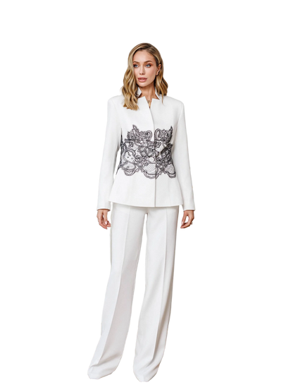 White Diagonal Crepe Womens Suit with Black Lace Waist Applique