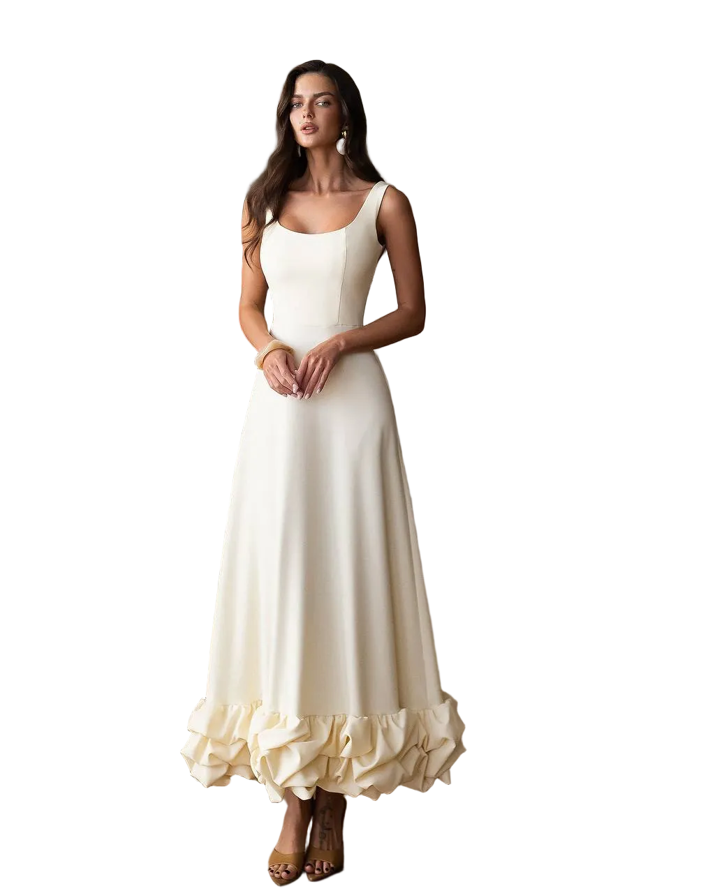 Cream Suit Crepe Diagonal Midi Dress with Ruffle Hem Elegant Sleeveless Evening Dress