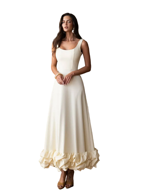 Cream Suit Crepe Diagonal Midi Dress with Ruffle Hem Elegant Sleeveless Evening Dress