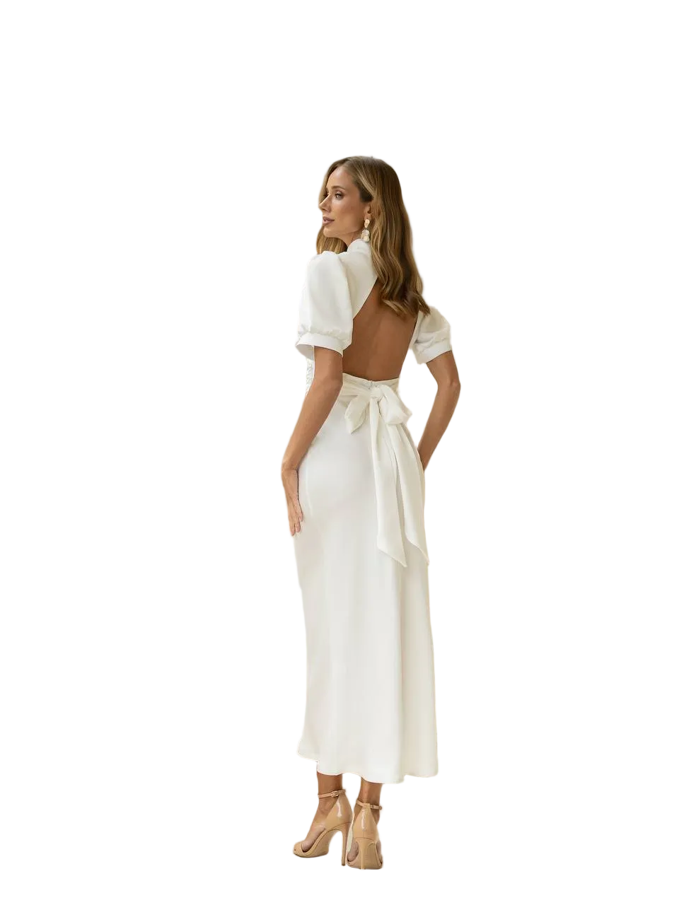 Satin Open Back Midi Dress Puff Sleeve Bow Tie Back