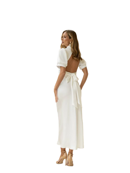 Satin Open Back Midi Dress Puff Sleeve Bow Tie Back
