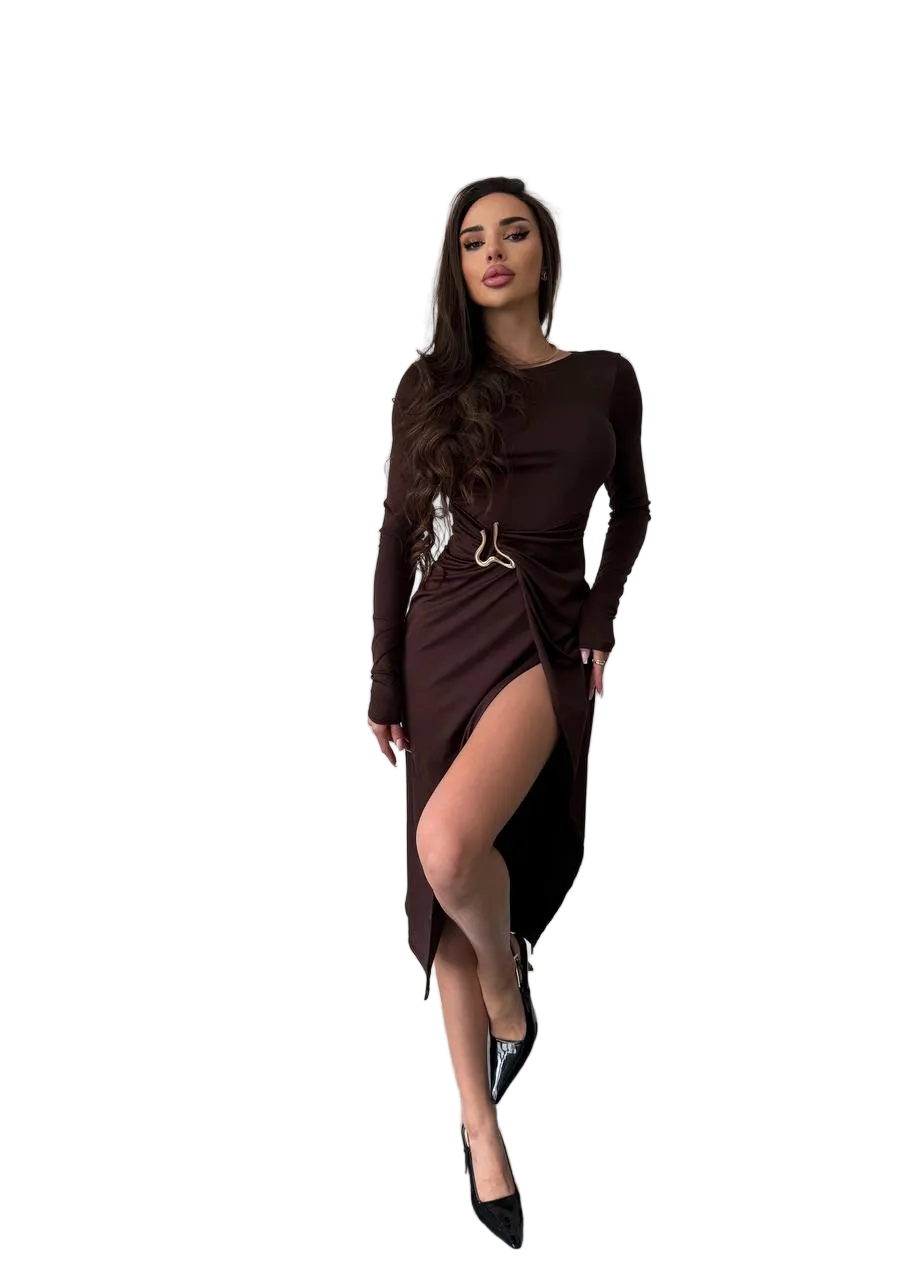Brown Long Sleeve Midi Dress High Slit Bodycon Stretch Microdiving