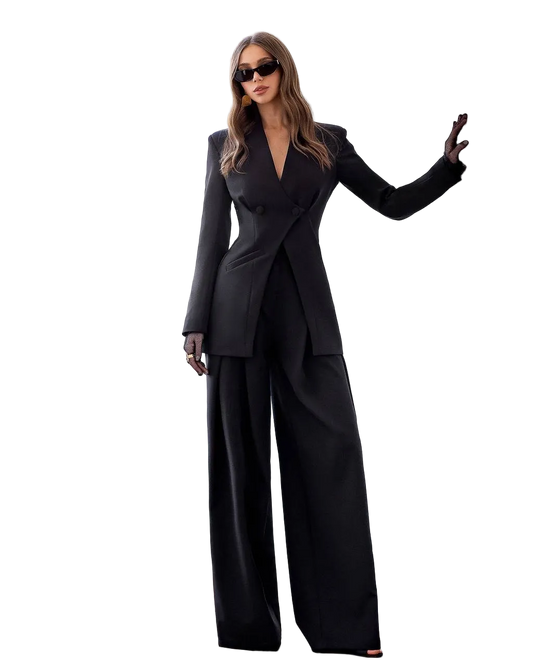 Black Tailored Crepe Suit for Women Longline Double Breasted Blazer Wide Leg Trousers