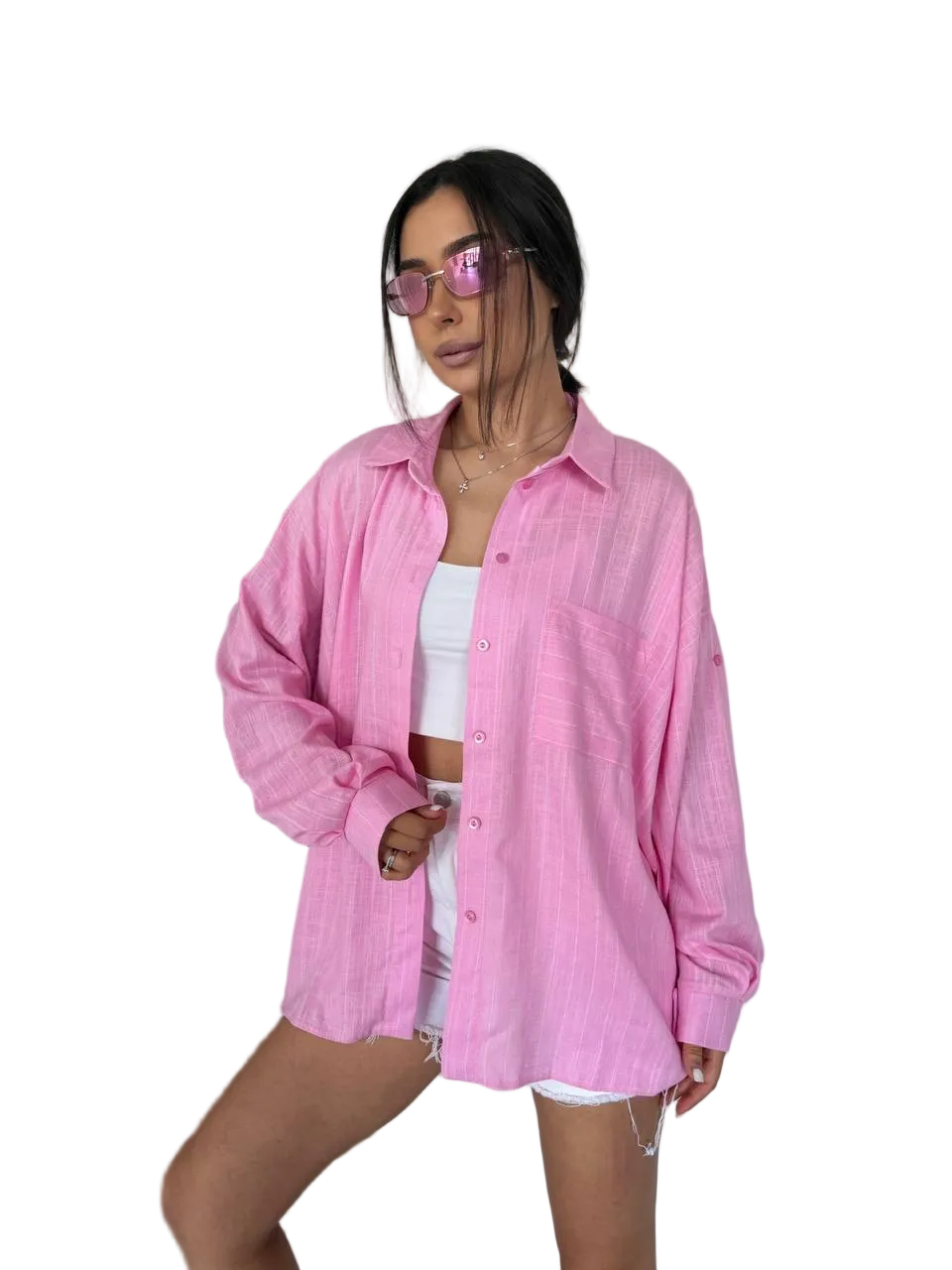 Pink Oversized Shirt Women Button Up Loose Fit Sleeve Tab