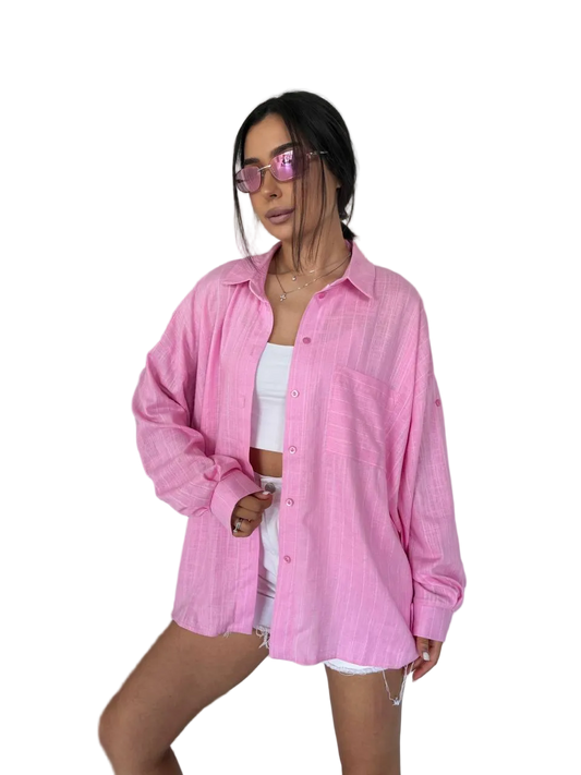 Pink Oversized Shirt Women Button Up Loose Fit Sleeve Tab