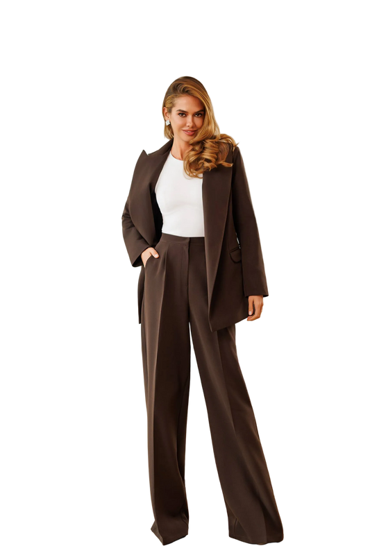 Womens Tailored Diagonal Crepe Suit Longline Blazer Wide Leg Trousers