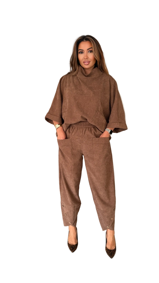Boho Corduroy Two Piece Suit Brown Womens Relaxed Top Elastic Waist Pants