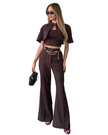 Womens Three Piece Suit Brown Cape Crop Top Flared Pants