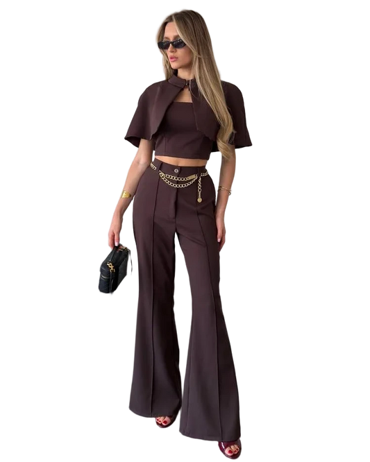 Womens Three Piece Suit Brown Cape Crop Top Flared Pants