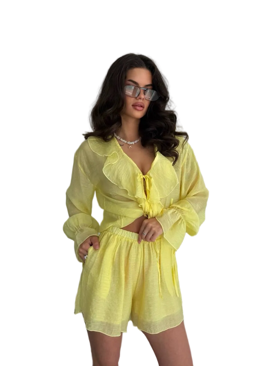 Yellow Tencel Ruffle Tie Blouse And Elastic Waist Shorts Set