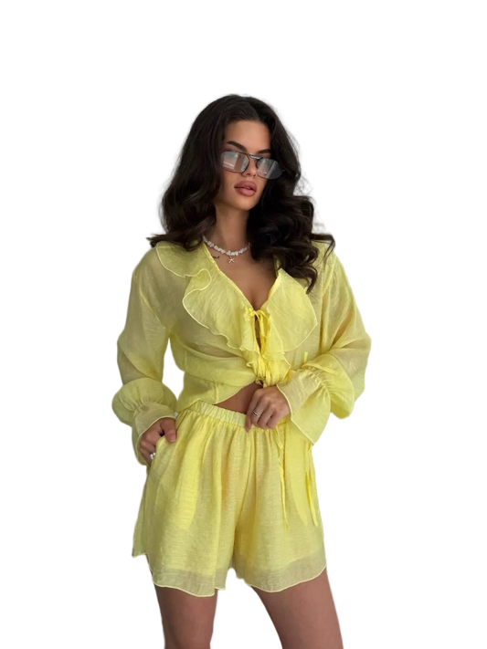 Yellow Tencel Ruffle Tie Blouse And Elastic Waist Shorts Set
