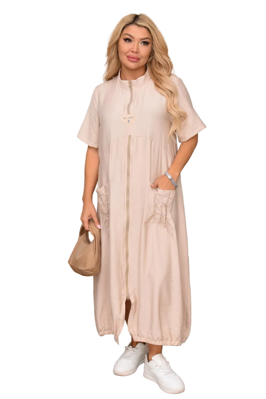 Beige Crinkled Linen Casual Midi Dress Zip Front Patch Pockets Lace Up Back