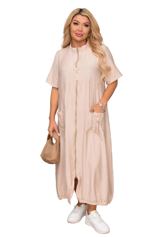 Beige Crinkled Linen Casual Midi Dress Zip Front Patch Pockets Lace Up Back