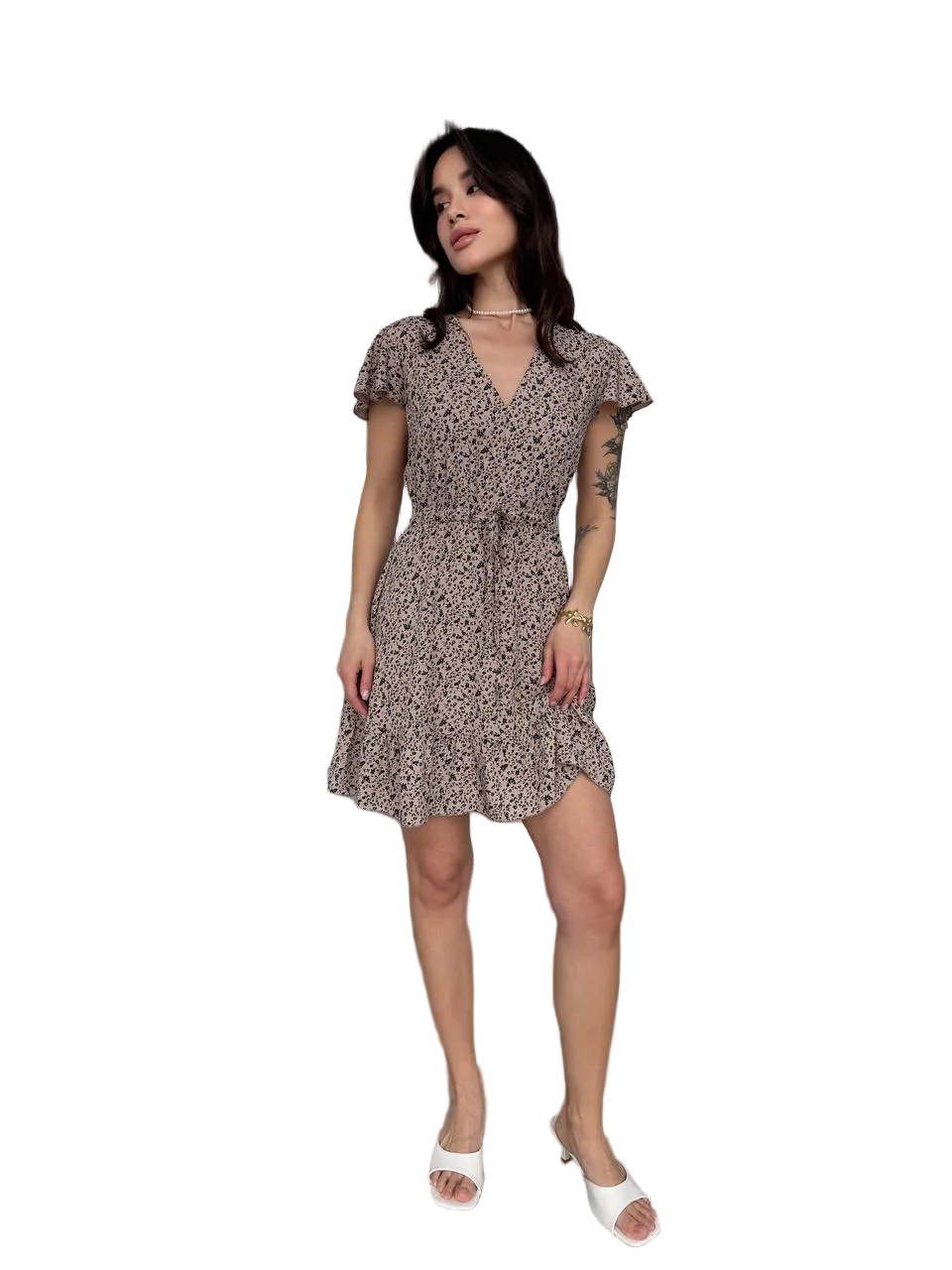 Beige Floral V Neck Tie Waist Shtapel Dress