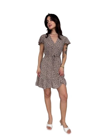 Beige Floral V Neck Tie Waist Shtapel Dress