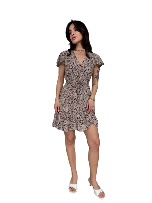 Beige Floral V Neck Tie Waist Shtapel Dress