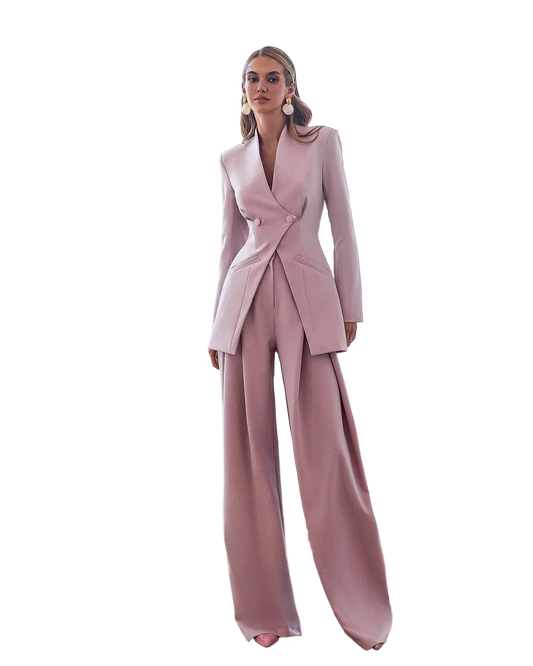 Blush Pink Tailored Women Suit Crepe Diagonal Double Breasted Blazer Wide Leg Pants