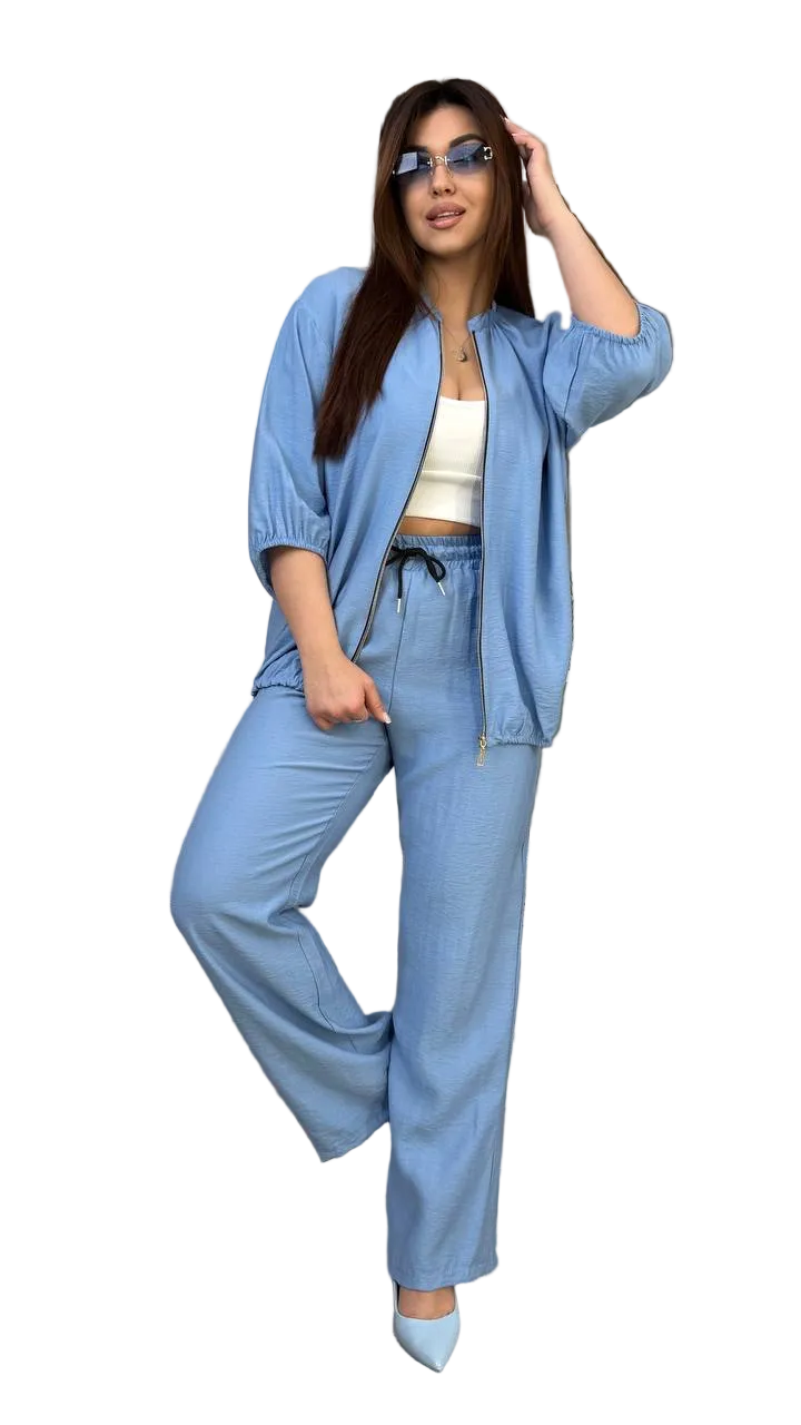 Womens Linen Viscose Two Piece Set Light Blue Palazzo Pants Zip Jacket