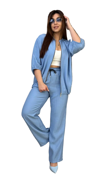 Womens Linen Viscose Two Piece Set Light Blue Palazzo Pants Zip Jacket