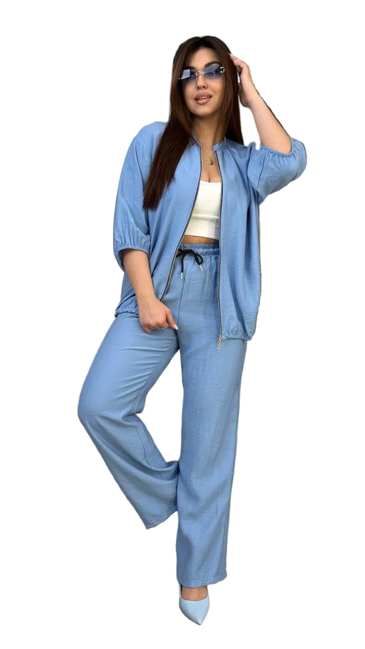Womens Linen Viscose Two Piece Set Light Blue Palazzo Pants Zip Jacket