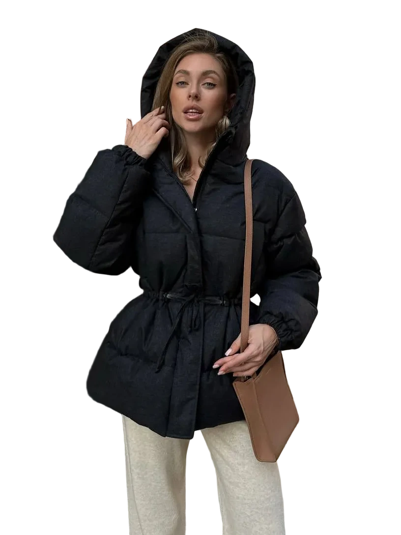 Women Warm Black Wool Blend Hooded Winter Coat Puffer Drawstring Waist