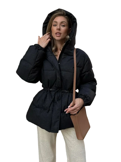 Women Warm Black Wool Blend Hooded Winter Coat Puffer Drawstring Waist
