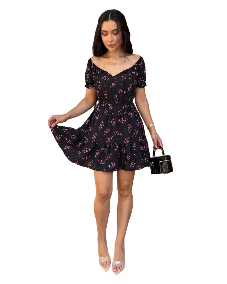 Black Floral Mini Dress Off Shoulder Elastic Waist Short Sleeve Silky Soft