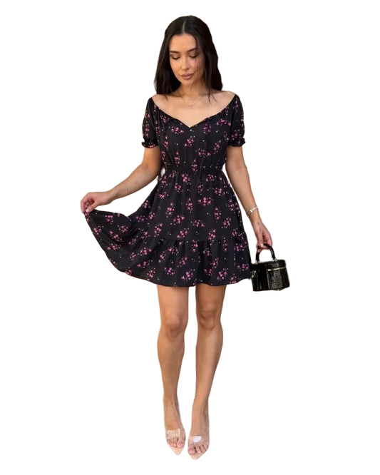 Black Floral Mini Dress Off Shoulder Elastic Waist Short Sleeve Silky Soft