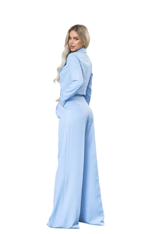 Light Blue Palazzo Pants Suit Women Crop Jacket Diagonal Crepe