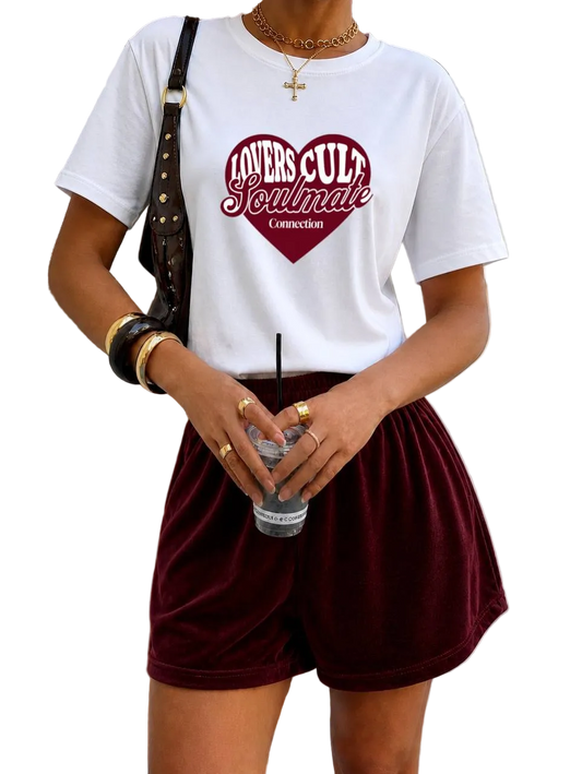 Women Summer Two Piece Set White T Shirt and Burgundy Velour Shorts Casual Lounge Outfit