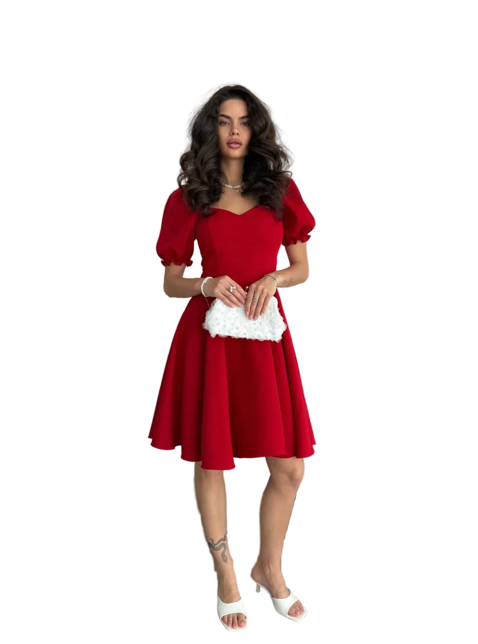 Red Puff Sleeve Fit and Flare A Line Dress Elegant Cocktail Dress