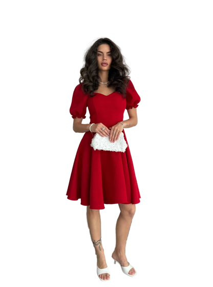 Red Puff Sleeve Fit and Flare A Line Dress Elegant Cocktail Dress