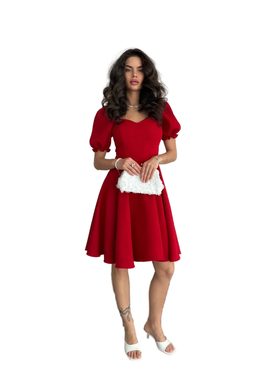 Red Puff Sleeve Fit and Flare A Line Dress Elegant Cocktail Dress
