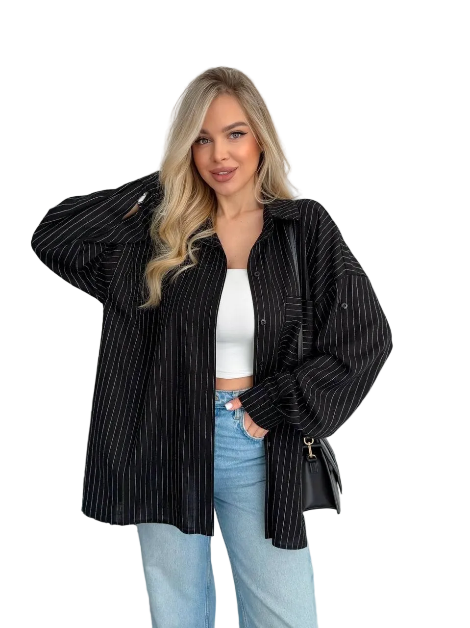 Womens Black Pinstripe Oversized Shirt Loose Fit Button Down