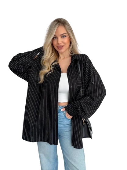 Womens Black Pinstripe Oversized Shirt Loose Fit Button Down