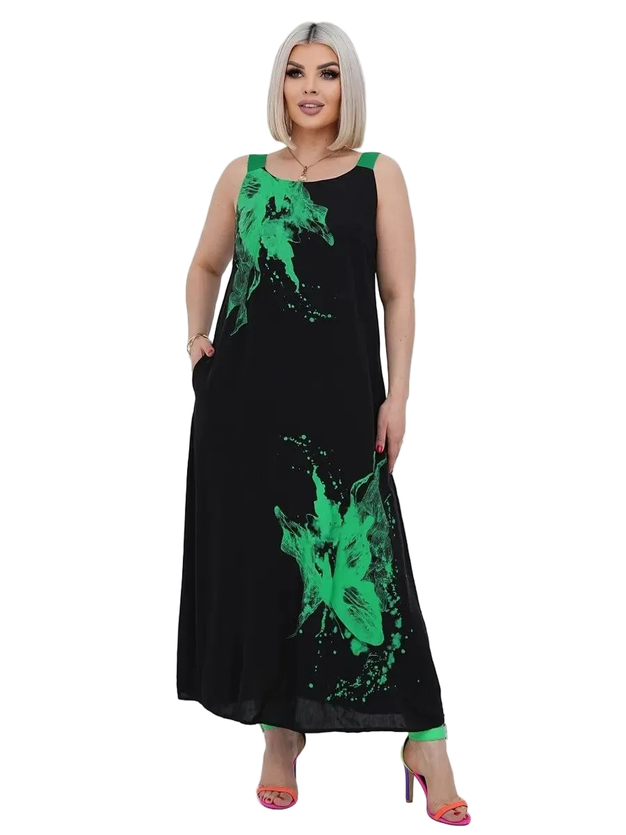 Plus Size Sarafan Black with Green Print Maxi Dress Crepe Krep Zhatka