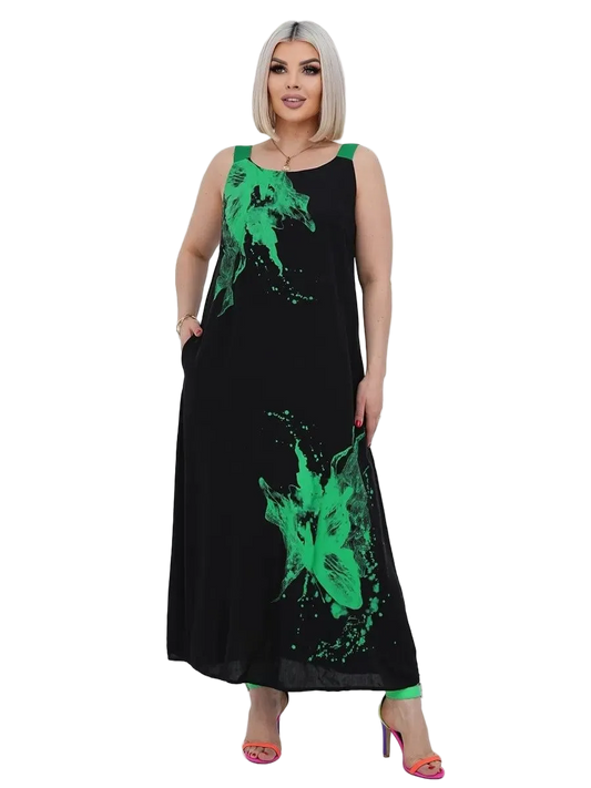 Plus Size Sarafan Black with Green Print Maxi Dress Crepe Krep Zhatka